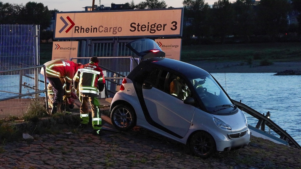 Kurioser Unfall am Robert-Lehr-Ufer in Düsseldorf: Smart rollt Böschung hinunter und landet im Wasser