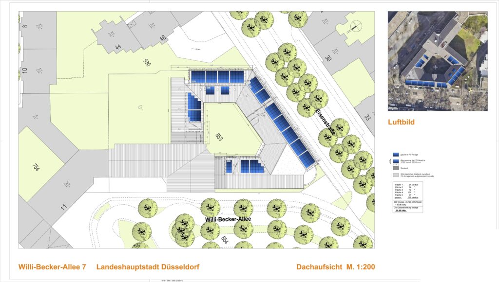 Dachaufsicht des Verwaltungsgebäudes Willi-Becker-Allee 7 mit Photovoltaikanlage,(c)Dachaufsicht des Verwaltungsgebäudes Willi-Becker-Allee 7 mit Photovoltaikanlage