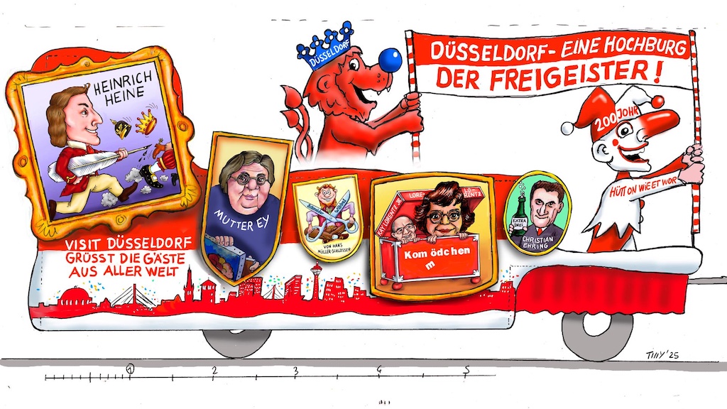 Von Heine bis Hoppeditz: Visit Düsseldorf ehrt Freigeister auf dem Rosenmontagszug