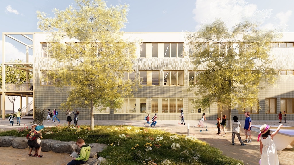 Zwei neue Schulgebäude mit Einfeldsporthalle: Der Rat der Landeshauptstadt beschloss in seiner Sitzung am Donnerstag, 10. April 2025, die Ausführung und Finanzierung des Bauvorhabens für den Doppelstandort der Selma-Lagerlöf-Gemeinschaftsgrundschule und der katholische Hermann-Gmeiner-Grundschule. © plasma architekten GmbH aus Düsseldorf
