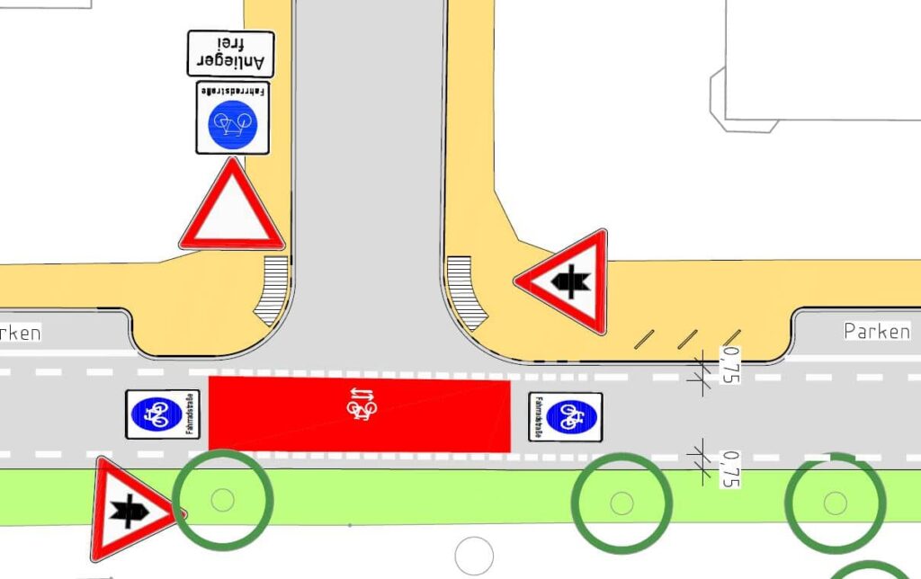 Neue Fahrradstaßen entstehen auf der Limburgstraße und der Gutenbergstraße. Ein 25 Zentimeter breiter, unterbrochener Strich kennzeichnet dort zukünftig deutlich den zu befahrenden Bereich der Fahrradstraße. © Landeshauptstadt Düsseldorf/Amt für Verkehrsmanagement