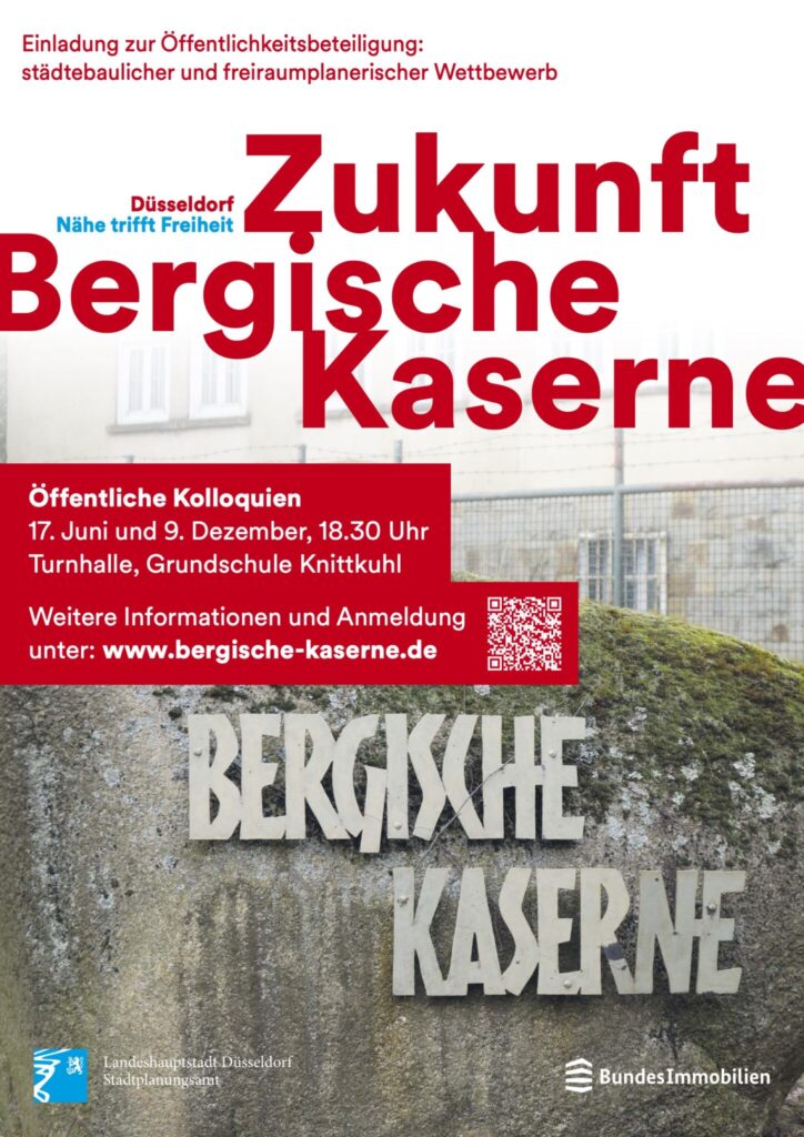 Das Plakat weist auf die laufende Öffentlichkeitsbeteiligung zur Zukunft der Bergischen Kaserne hin. © Landeshauptstadt Düsseldorf/Stadtplanungsamt