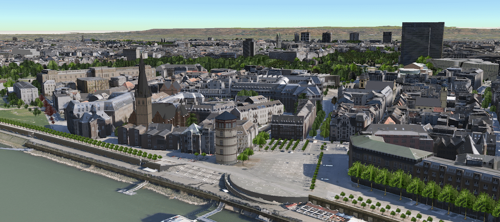 Screenshots des Digitalen Zwillings Düsseldorf, hier im Bild die Altstadtsilhouette © Landeshauptstadt Düsseldorf