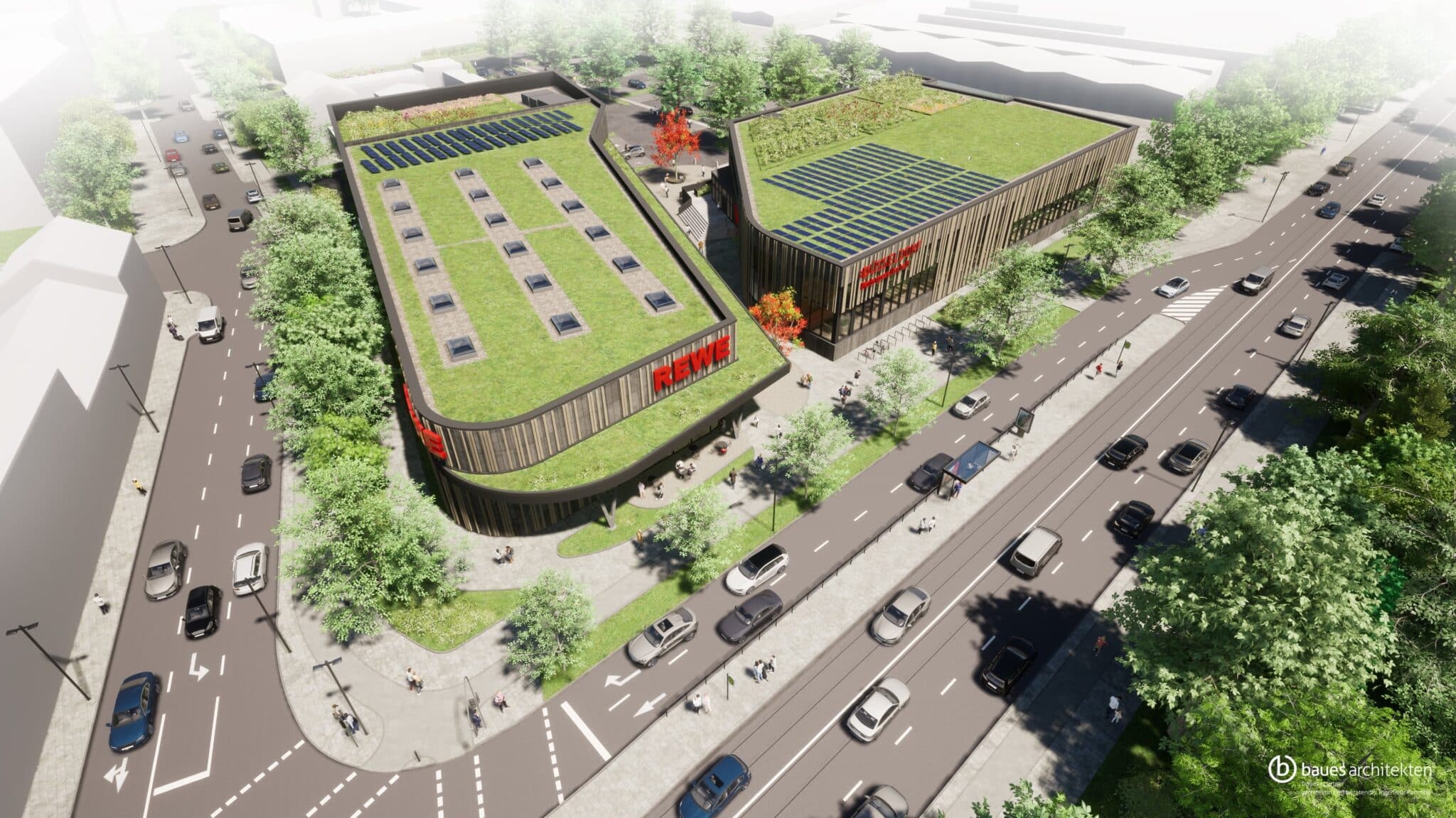 Ein Rendering zum Neubauprojekt der Bädergesellschaft: Das Gelände an der Ulmenstraße mit dem neuen Hallenbad Unterrath.© Baues Architekten