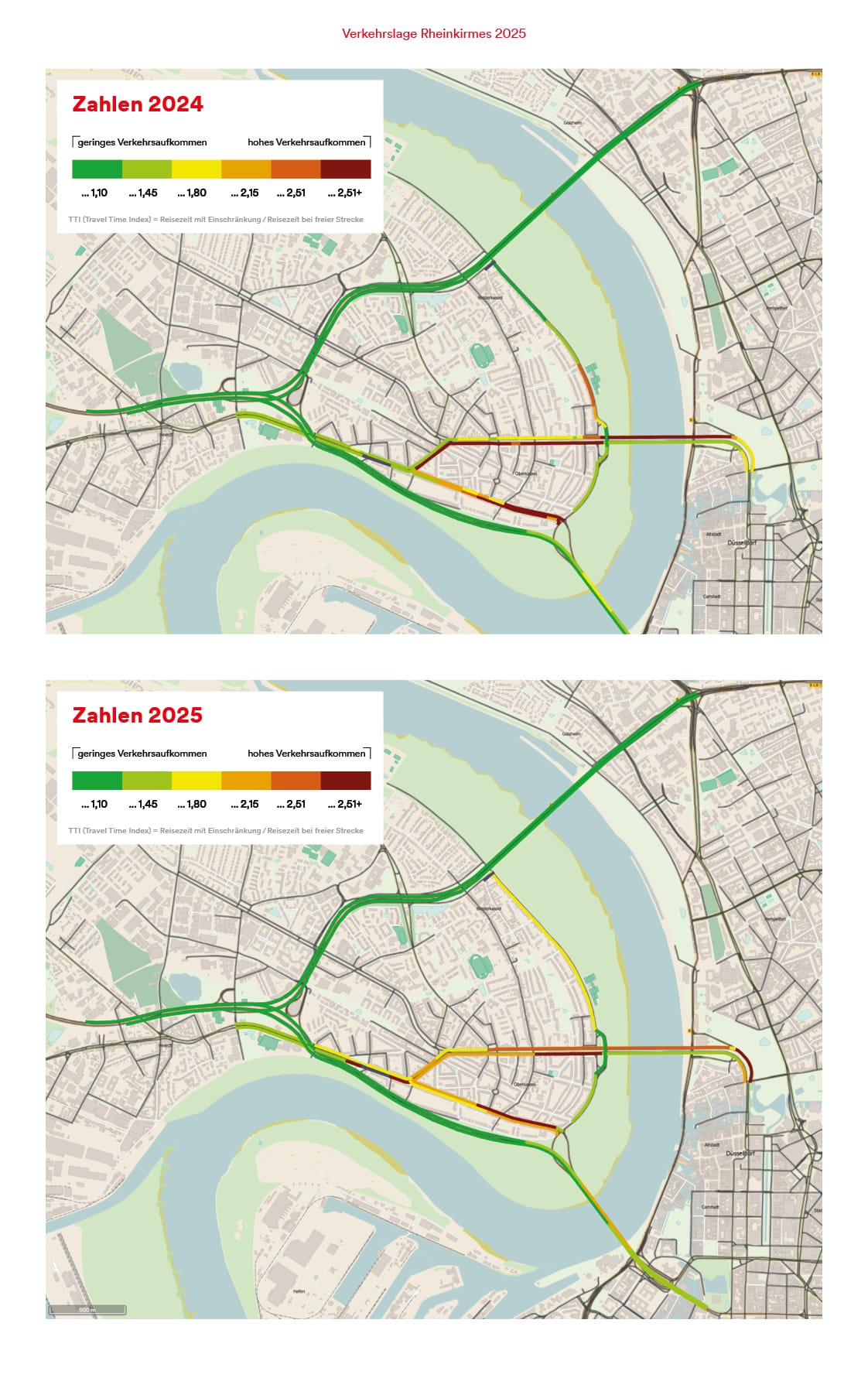 Die Grafiken zeigen den Travel Time Index am Kirmessamstag 2025 und 2024 im Vergleich. Sie zeigen 2025 eine entspanntere Verkehrslage im Kirmesumfeld als 2024. © Landeshauptstadt Düsseldorf/Amt für Verkehrsmanagement Die Grafiken zeigen den Travel Time Index am Kirmessamstag 2025 und 2024 im Vergleich. Sie zeigen 2025 eine entspanntere Verkehrslage im Kirmesumfeld als 2024. © Landeshauptstadt Düsseldorf/Amt für Verkehrsmanagement