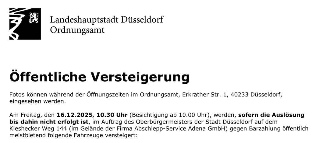 Ordnungsamt versteigert neun Fahrzeuge