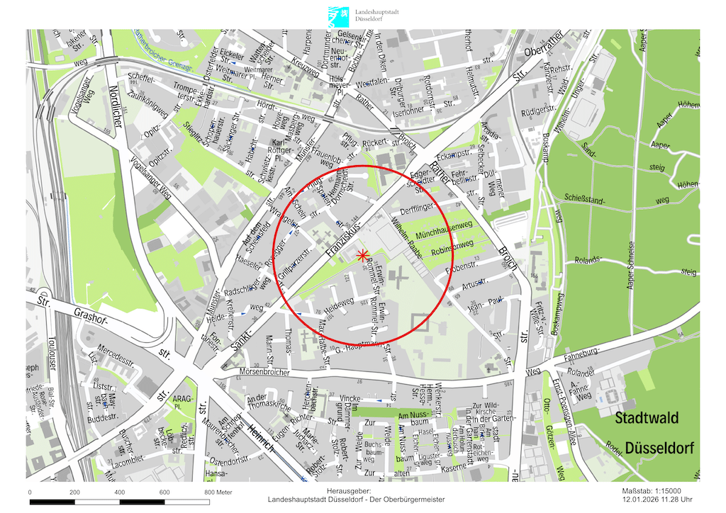 Zwei bei Sondierungsarbeiten in Düsseldorf-Mörsenbroich gefundene britische Fünf-Zentner-Fliegerbomben aus dem Zweiten Weltkrieg werden am Montag, 12. Januar 2026, im Laufe des Tages entschärft. Dazu müssen bis spätestens 16 Uhr in einem Radius von 400 Metern (Gefahrenbereich A) um die Fundstelle an der Sankt-Franziskus-Straße bis zu 4.200 Menschen ihre Wohnungen verlassen haben. © Feuerwehr Düsseldorf