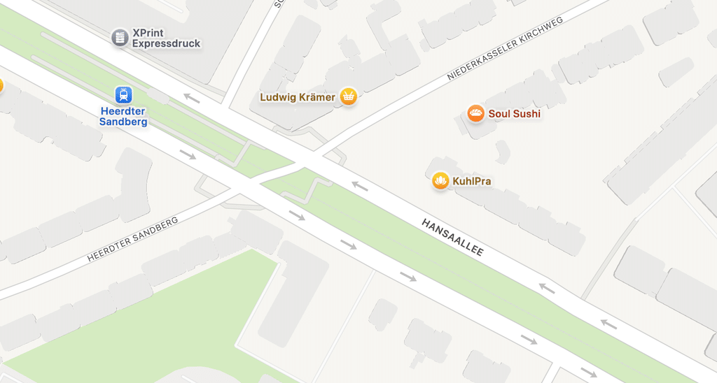 Kartenausschnitt Kreuzung Hansaallee/ Heerdter Sandberg/Niederkasseler Kirchweg