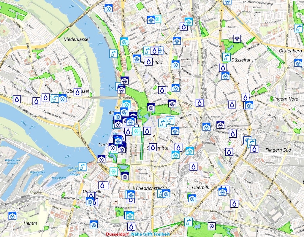Viele kühle Plätze für heiße Tage zeigt die "Karte der kühlen Orte" (Ausschnitt aus Düsseldorfs „Karte der kühlen Orte“) © Geoportal der Landeshauptstadt Düsseldorf