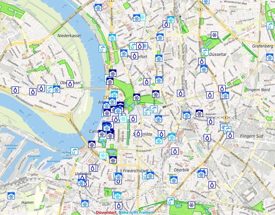 Viele kühle Plätze für heiße Tage zeigt die "Karte der kühlen Orte" (Ausschnitt aus Düsseldorfs „Karte der kühlen Orte“) © Geoportal der Landeshauptstadt Düsseldorf