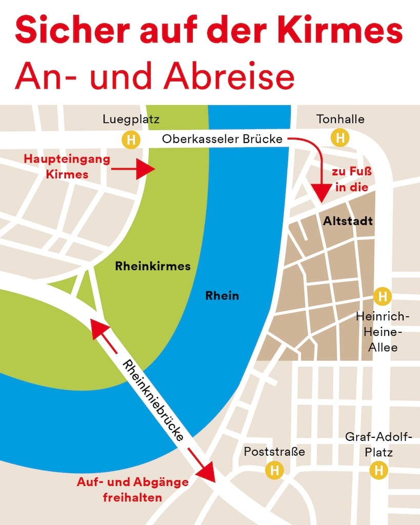 Landeshauptstadt Düsseldorf Description Auf der Oberkasseler Brücke werden die Besucherströme mit Hilfe von LED-Tafeln und dem Sicherheitsdienst gezielt gelenkt. Hier werden Schleusen Richtung Kirmesgelände /Richtung Neuss / Richtung Altstadt errichtet. Auf der Rheinkniebrücke werden hohe Personendichten vorrangig zur Drohnenshow und zum Feuerwerk erwartet. Dort wird das Ordnungsamt insbesondere darauf achten, dass die Auf- und Abgänge freigehalten werde Landeshauptstadt Düsseldorf Description Auf der Oberkasseler Brücke werden die Besucherströme mit Hilfe von LED-Tafeln und dem Sicherheitsdienst gezielt gelenkt. Hier werden Schleusen Richtung Kirmesgelände /Richtung Neuss / Richtung Altstadt errichtet. Auf der Rheinkniebrücke werden hohe Personendichten vorrangig zur Drohnenshow und zum Feuerwerk erwartet. Dort wird das Ordnungsamt insbesondere darauf achten, dass die Auf- und Abgänge freigehalten werde
