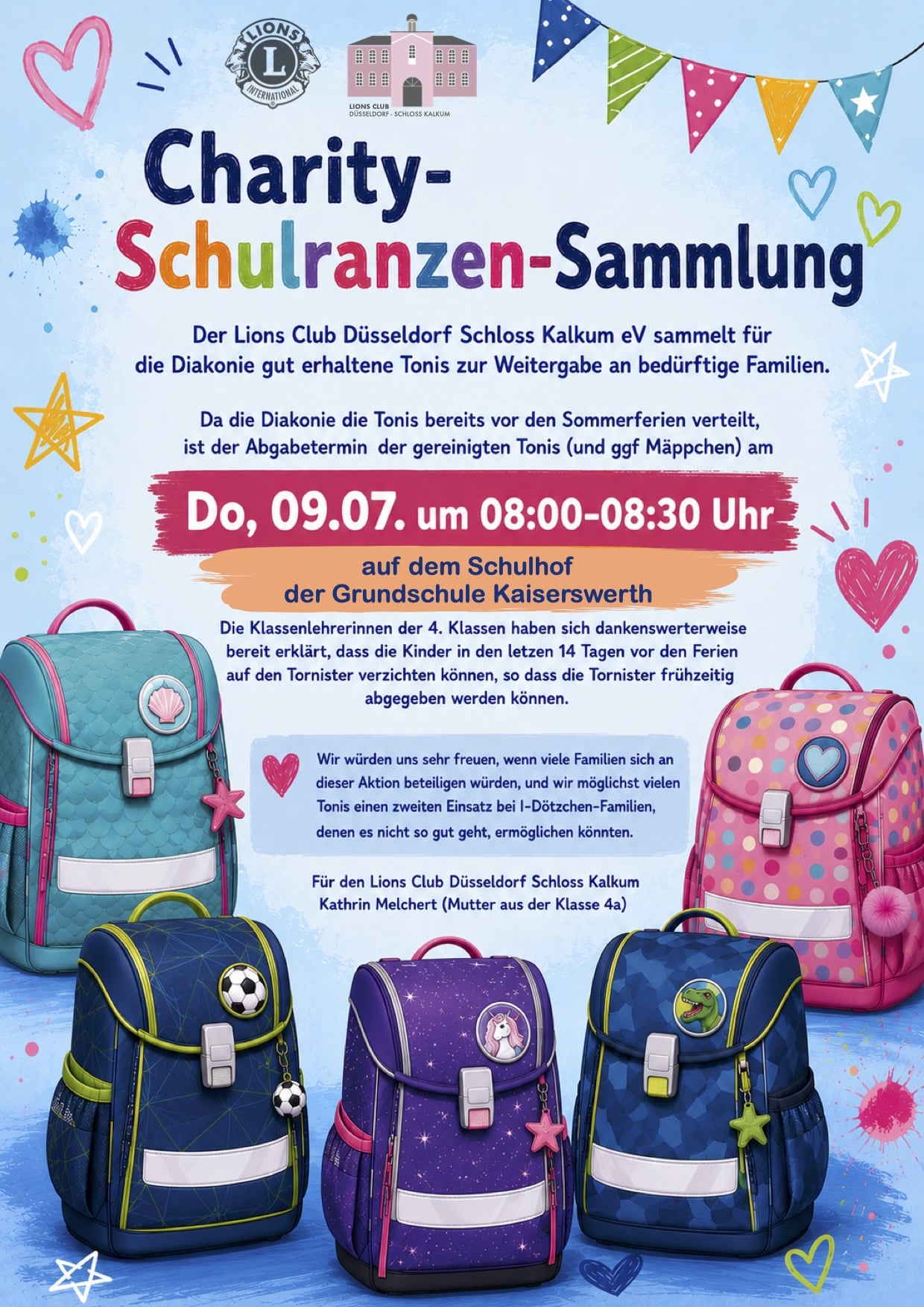 Charity Schulranzen Sammlung (verschoben) Plakat (Lions-Club Düsseldorf-Schloss Kalkum)
