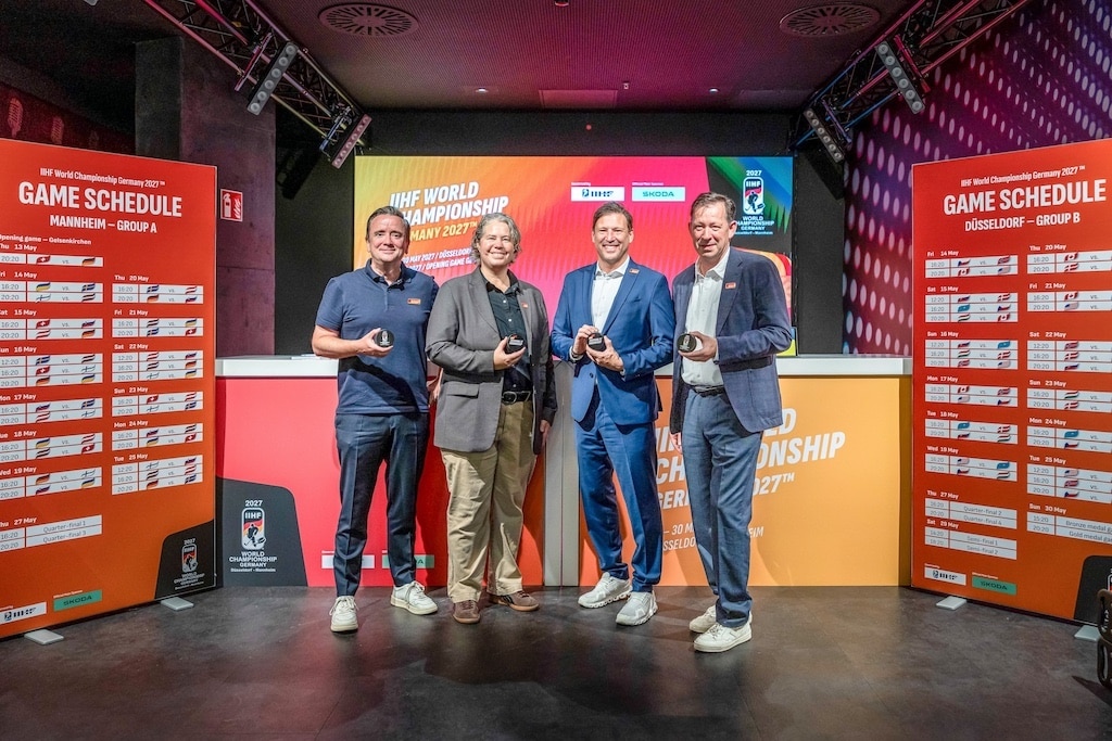 Martin Ammermann (COO Sports D.LIVE), Veronika Mühlhofer (Director of Competitions International Ice Hockey Federation IIHF), Claus Gröbner (Geschäftsführer Eishockey-Weltmeisterschaft Organisationskomitee 2027), Burkhard Hintzsche (Stadtdirektor der Landeshauptstadt Düsseldorf). © D.SPORTS